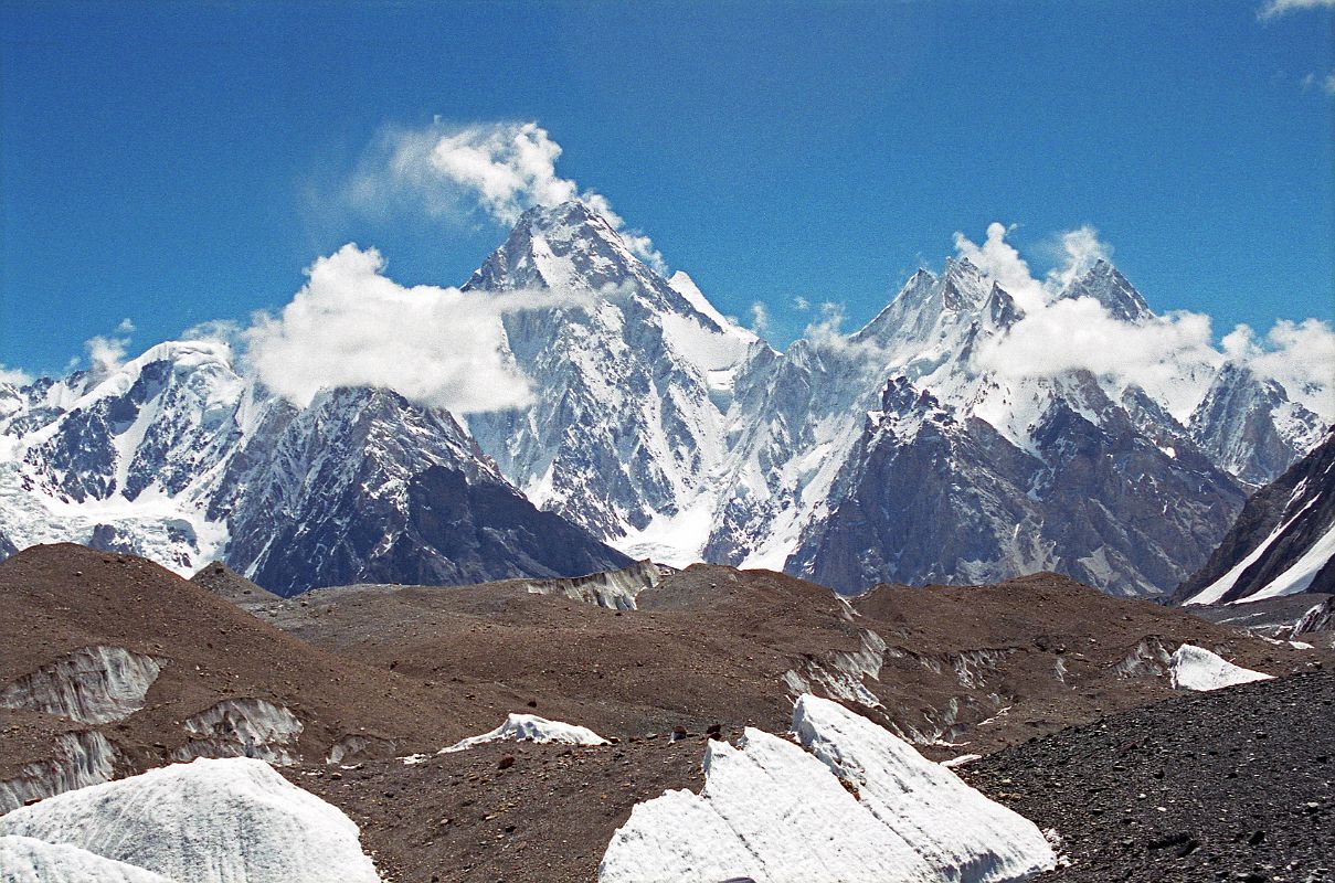 34 Gasherbrum IV, Gasherbrum VII, Gasherbrum Twins, Gasherbrum V From Baltoro Glacier Between Goro II and Concordia The view ahead from the Baltoro Glacier as I neared Concordia included Gasherbrum IV, Gasherbrum II, Gasherbrum VII, Gasherbrum Twins, and Gasherbrum V.